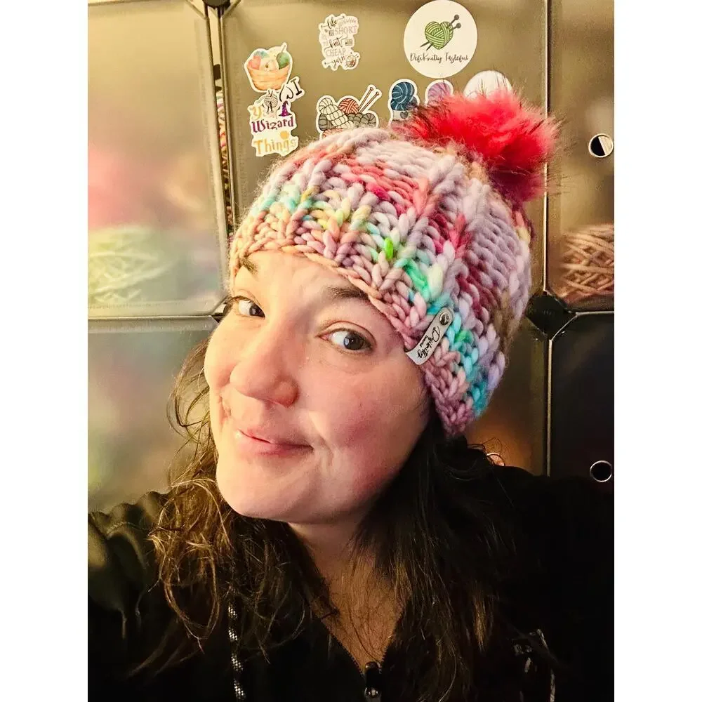 Handmade Neon Merino Wool Beanie: Colorful Winter Hat with Faux Fur Pom